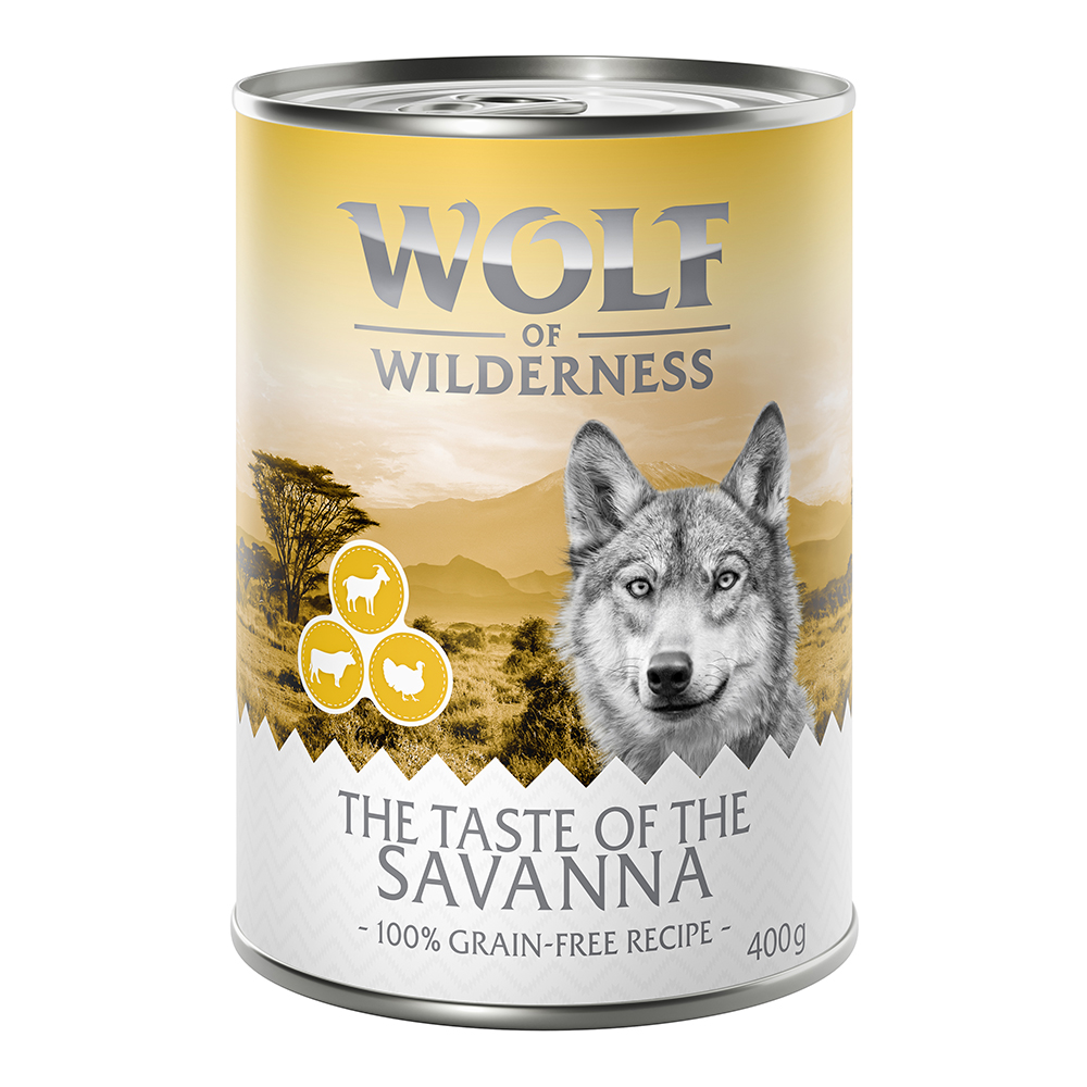 foto del prodotto wolf of wilderness the taste of 6 x 400 g umido per cane the savanna tacchino, manzo, capra