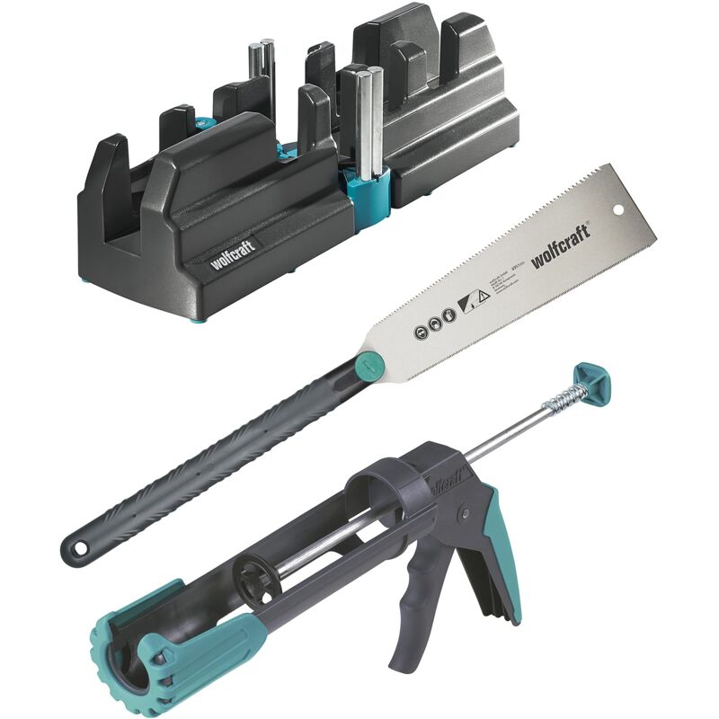 foto del prodotto wolfcraft kit di successo fissaggio dei battiscopa i 6977000 i set completo composto da rapportatore angolare e tagliacornici, sega giapponese e