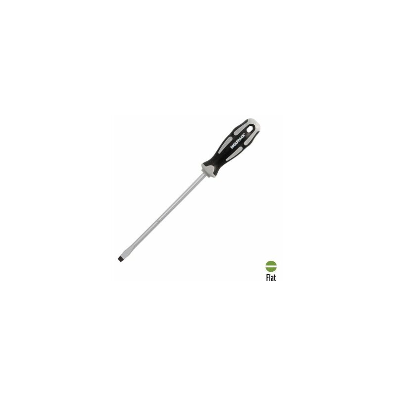 foto del prodotto wolfpack cacciavite piatto stampato in acciaio s2 manico in tpr bimateriale. misura 1,6 x 8,0 x 200 mm. din5265