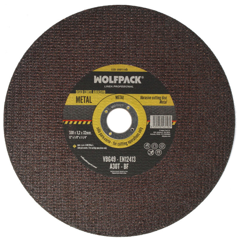 foto del prodotto wolfpack linea profesional disco abrasivo da taglio per metalli 300 x 32 mm. spessore 3,2 mm. disco radiale smerigliatrice universale con tutte
