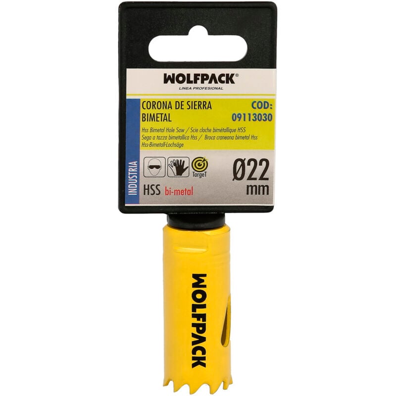 foto del prodotto wolfpack linea profesional lama bimetallica 22 mm. temprato termicamente, base rinforzata. corona per legno, fori in legno, acciaio, ferro,