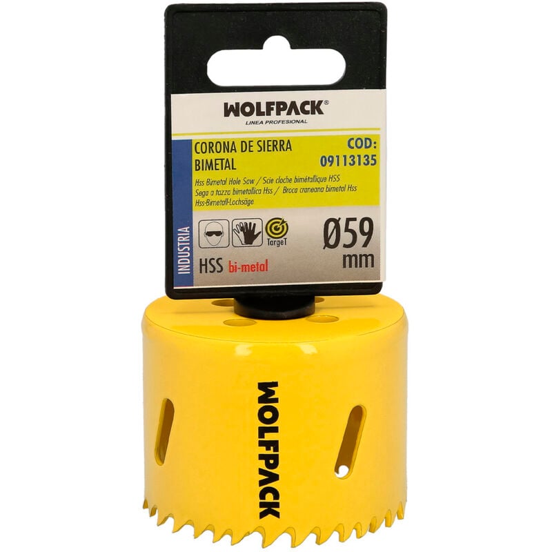 foto del prodotto wolfpack linea profesional lama bimetallica 59 mm. temprato termicamente, base rinforzata. corona per legno, fori per legno, acciaio, ferro,