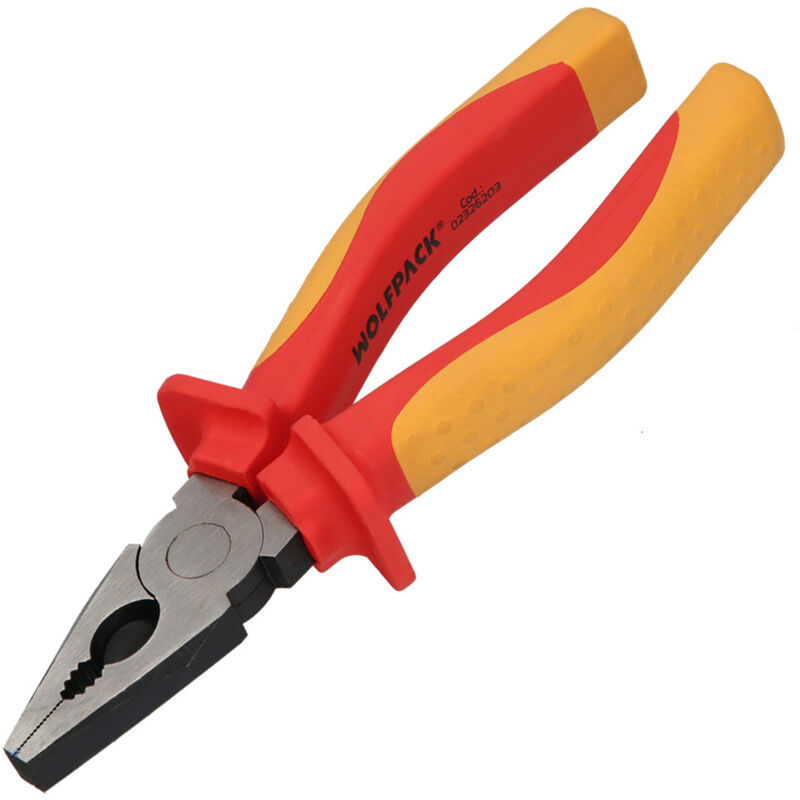 foto del prodotto wolfpack linea profesional pinza universale 150 mm. manici isolati spelafili in acciaio al cromo vanadio, tagliafili, spelafili