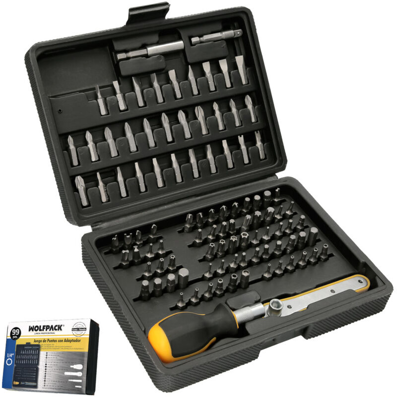 foto del prodotto wolfpack linea profesional set di punte per cacciavite 1 4 99 pz. con adattatore. cromo vanadio, kit di chiavi combinate, kit di cricchetti,