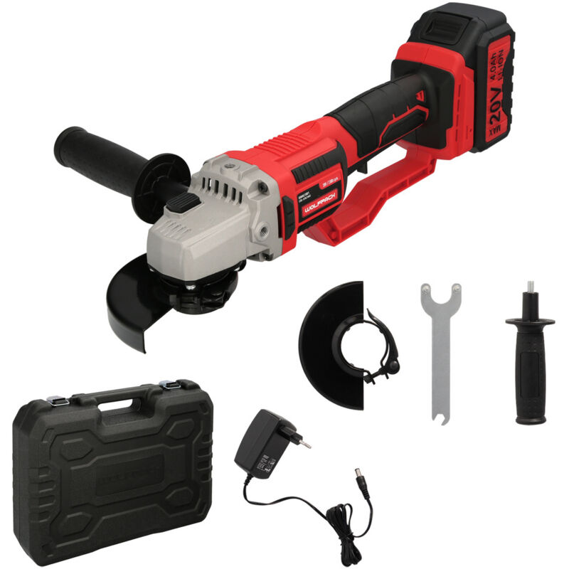 foto del prodotto wolfpack linea profesional smerigliatrice a tazza 20 volt. con batteria da 4,0 ah. 115 mm. 7.000 r.p.m. impugnatura 3 posizioni albero m14