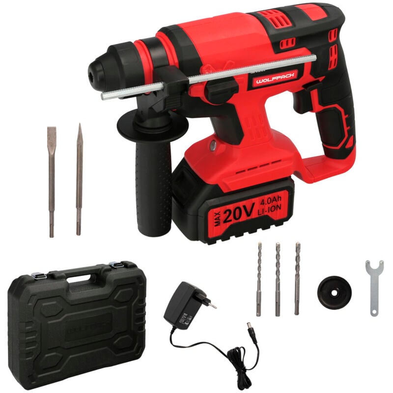 foto del prodotto wolfpack - linea professional martello sds plus a bateria 20 volt. con batteria 4,0 ah. 1,400 cv 3 funzioni scalpello, trapano e martello perforatore