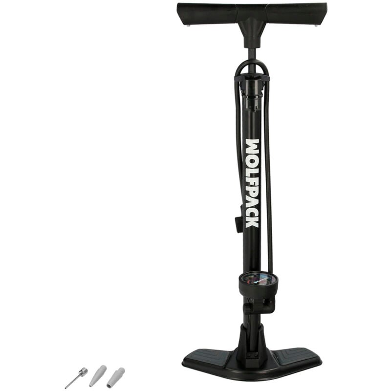 foto del prodotto wolfpack linea professional pompa ad aria con manometro 8 bar corpo e piedi in acciaio, valvole schrader e presta con adattatori. pompa per