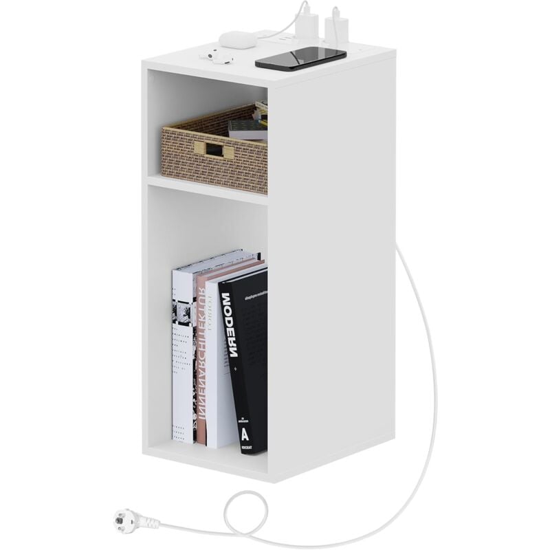 foto del prodotto woltu 1x comodino con prese di ricarica, 2 porte usb, 2 prese, 2 scomparti aperti, tavolino portaoggetti, bianco