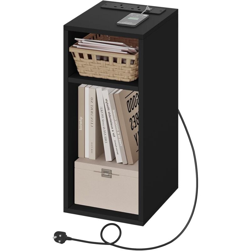 foto del prodotto woltu 1x comodino con prese di ricarica, 2 porte usb, 2 prese, 2 scomparti aperti, tavolino portaoggetti, nero