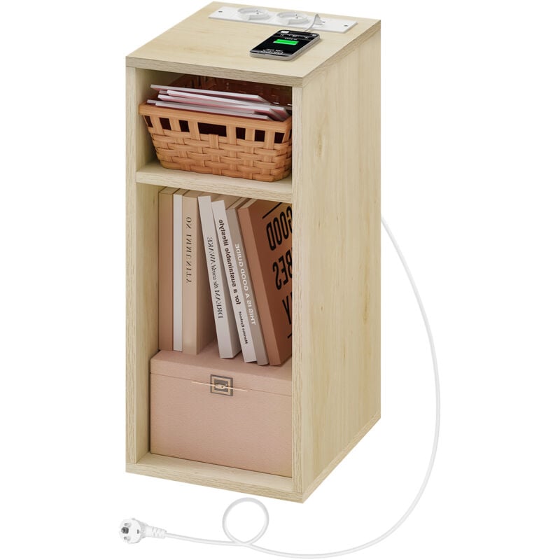 foto del prodotto woltu 1x comodino con prese di ricarica, 2 porte usb, 2 prese, 2 scomparti aperti, tavolino portaoggetti, rovere chiaro