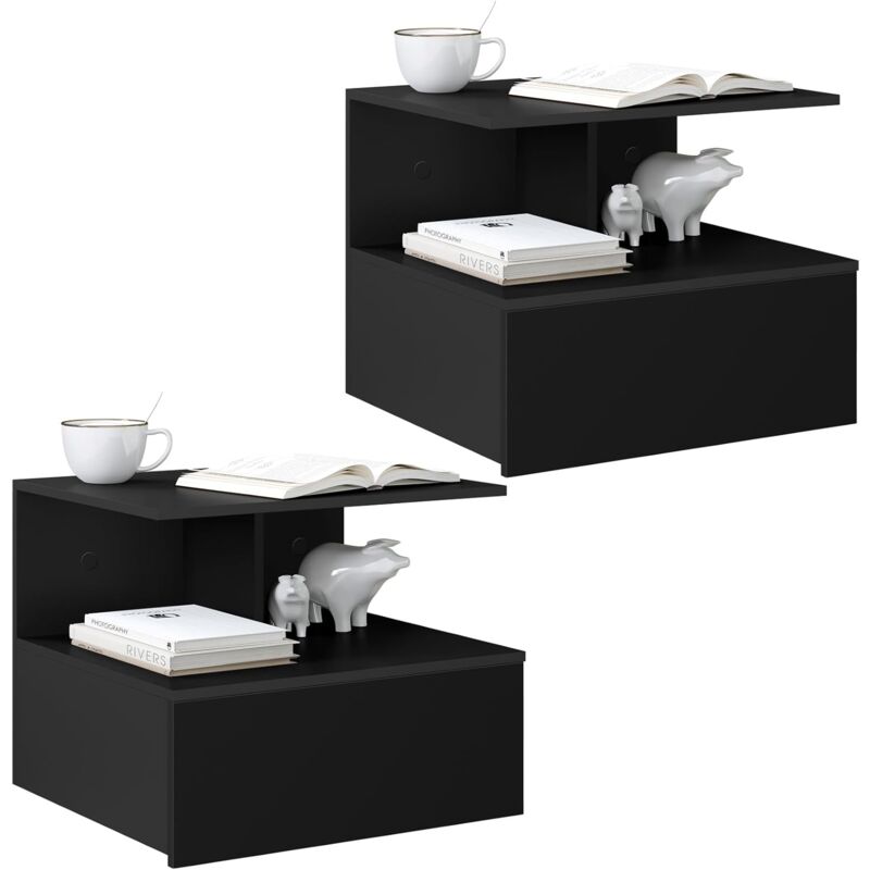 foto del prodotto woltu 2x comodini sospesi in legno con 1 cassetto e 1 scomparto aperto, nero