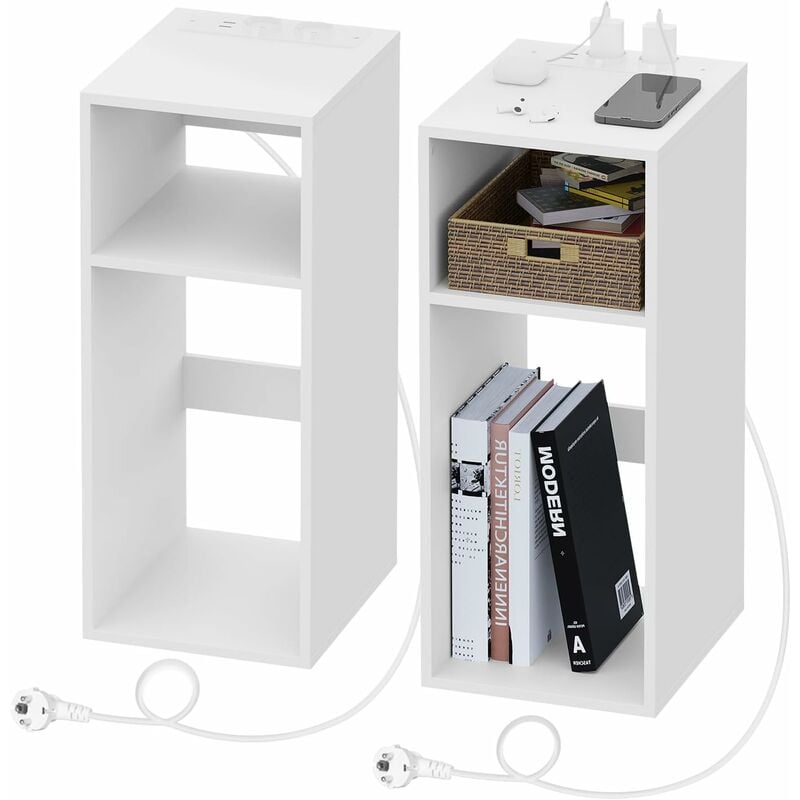 foto del prodotto woltu 2x comodino con prese di ricarica, 2 porte usb, 2 prese, 2 scomparti aperti, tavolino portaoggetti, bianco