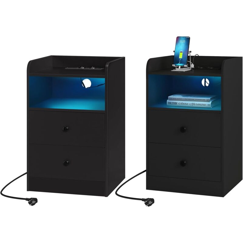 foto del prodotto woltu 2x comodino moderno per camera da letto, con prese, porte usb e luci a led, tavolino con 1 piano, 1 scomparto e 2 cassetti nero