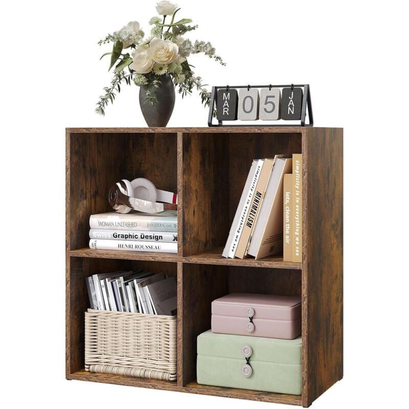 foto del prodotto woltu armadietto libreria basso a 4 cubi, scaffale porta libri, mobiletto multiuso legno, moderno e semplice, marrone rustico