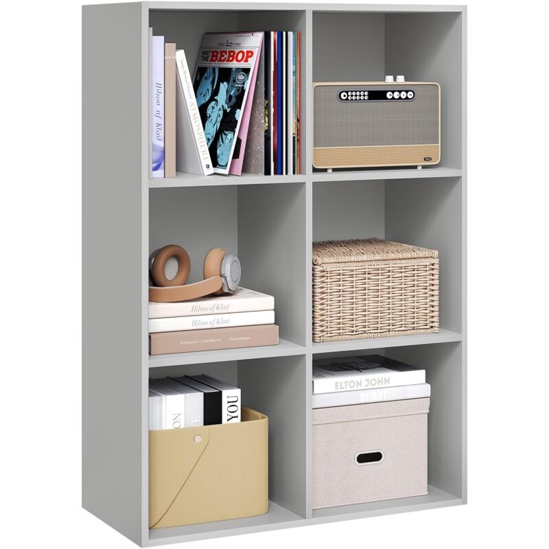 foto del prodotto woltu armadietto libreria basso a 6 cubi, scaffale porta libri, mobiletto multiuso legno, moderno e semplice, grigio
