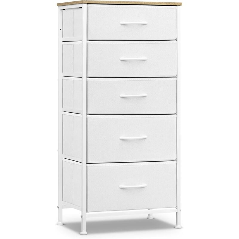 foto del prodotto woltu cassettiera 5 cassetti in tessuto, bianco nuvola beige rovere