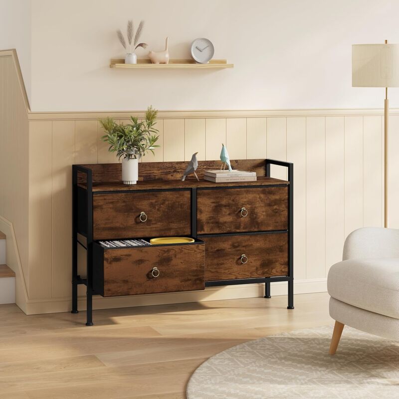 foto del prodotto woltu cassettiera camera da letto settimino 4 cassetti, in tessuto, marrone rustico + nero