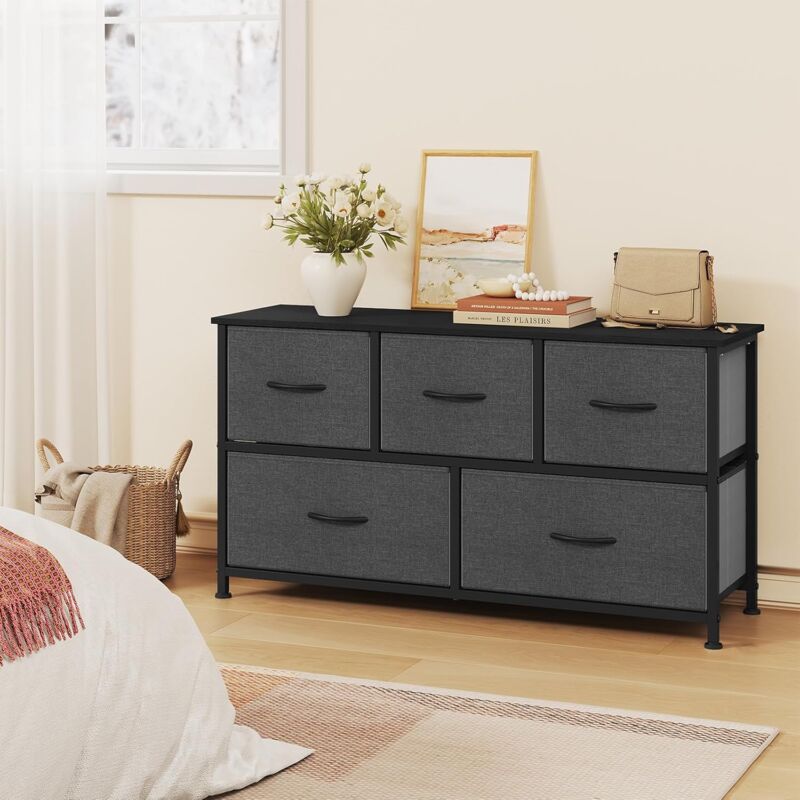 foto del prodotto woltu cassettiera camera da letto settimino 5 cassetti a 2 livelli,effetto legno nero grigio scuro