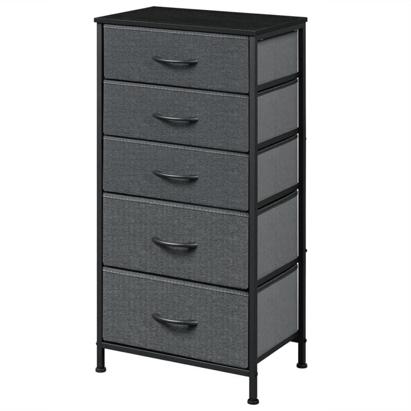 foto del prodotto woltu cassettiera camera da letto settimino 5 cassetti. struttura in metallo e mdf,effetto legno nero grigio scuro