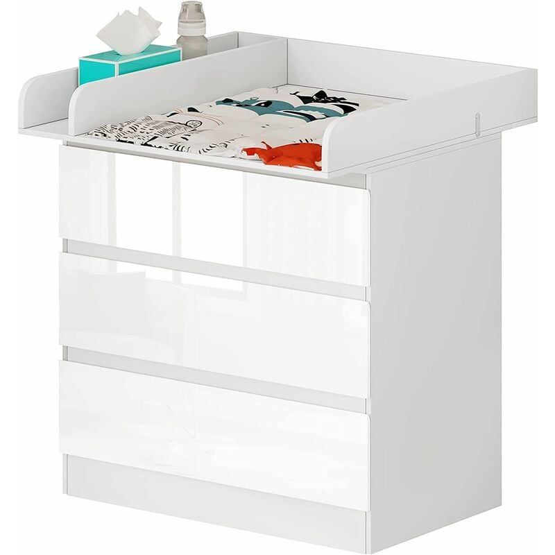 foto del prodotto woltu cassettiera con fasciatoio per bambini. cassettiera a 3 cassetti. fasciatoio con divisorio rimovibile. in mdf. truciolare e metallo. bianco