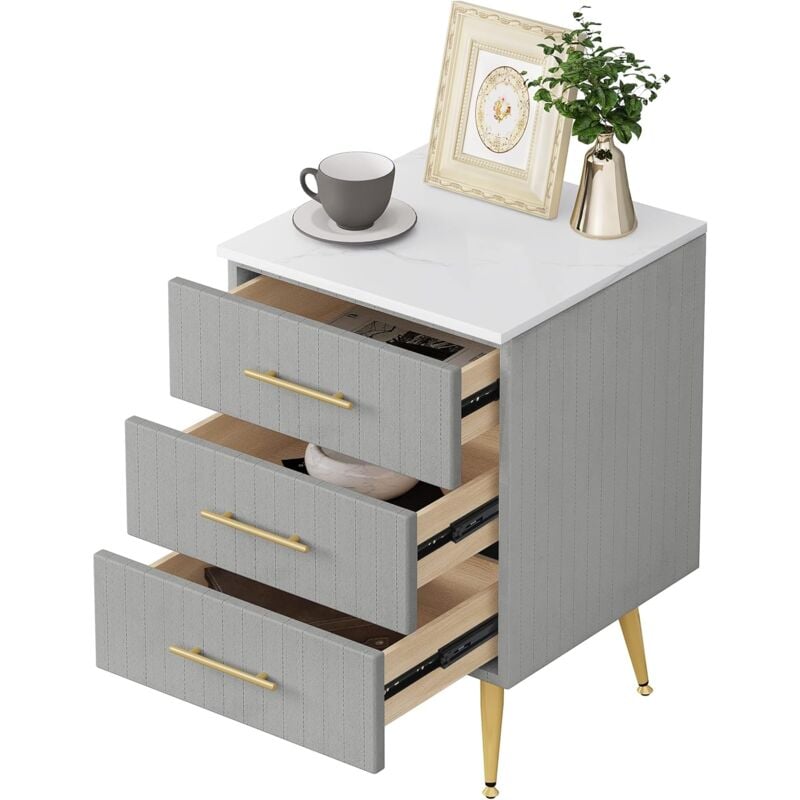 foto del prodotto woltu comodino camera da letto in velluto con tre cassetti. cassettiera in legno. organizzatore da letto. gambe in metallo. bianco e grigio