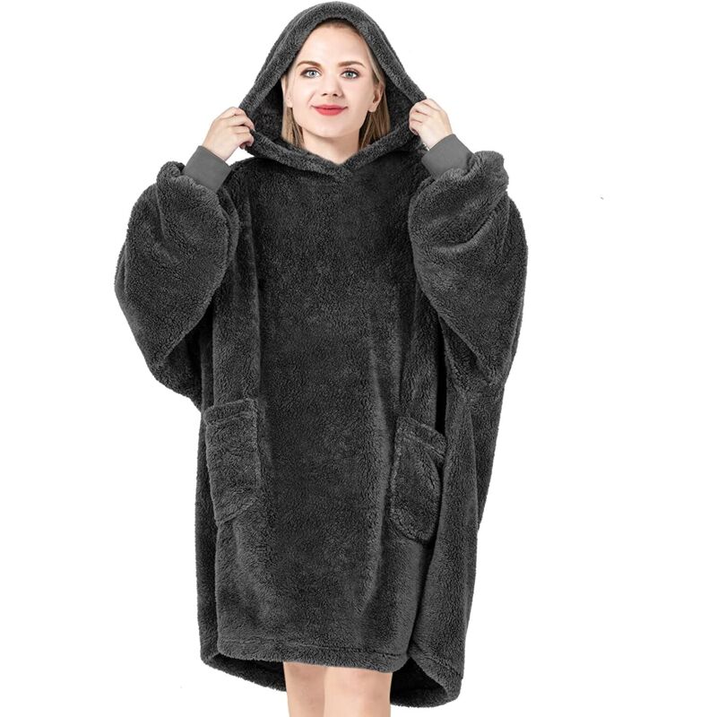 foto del prodotto woltu coperta con cappuccio e maniche. coperta felpa in flanella con 2 grandi tasche. morbida e calda per donne e uomini. come coperta tv.