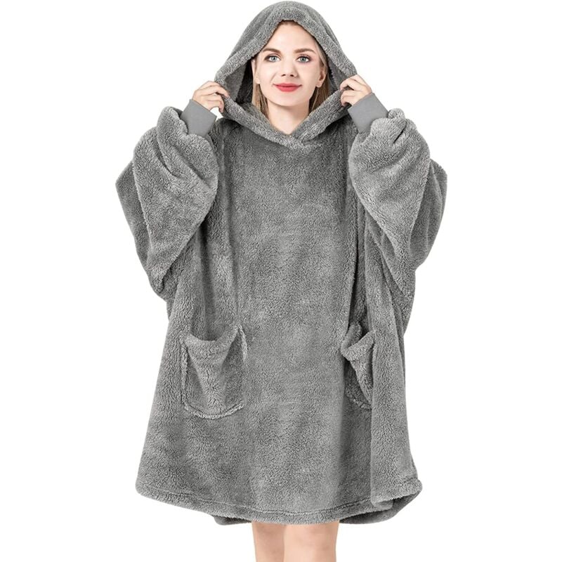 foto del prodotto woltu coperta con cappuccio e maniche. coperta felpa in flanella con 2 grandi tasche. morbida e calda per donne e uomini. come coperta tv. grigio.