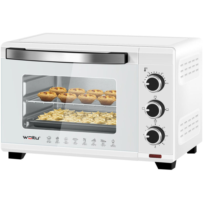 foto del prodotto woltu fornetto elettrico da 21 litri 1280w. forno per pizza. temperatura tra 100 230 . timer 0 60 minuti. porta a doppio vetro visibile. con teglia.