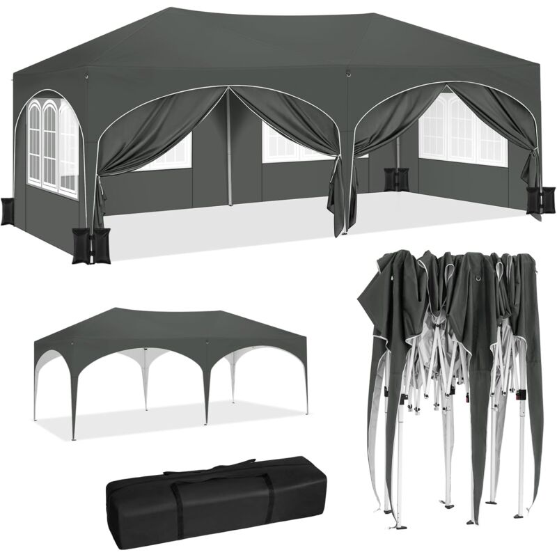 foto del prodotto woltu gazebo da giardino 3 x 6 m, impermeabile protezione uv, per matrimonio eventi e barbecue, grigio set di 4 sacchi di sabbia