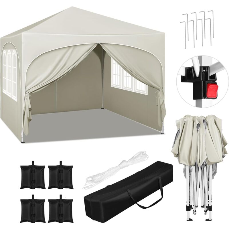 foto del prodotto woltu - gazebo giardino 3x3 m impermeabile pieghevole terrazzo esterno richiudibile, beige +set di 4 sacchi di sabbia