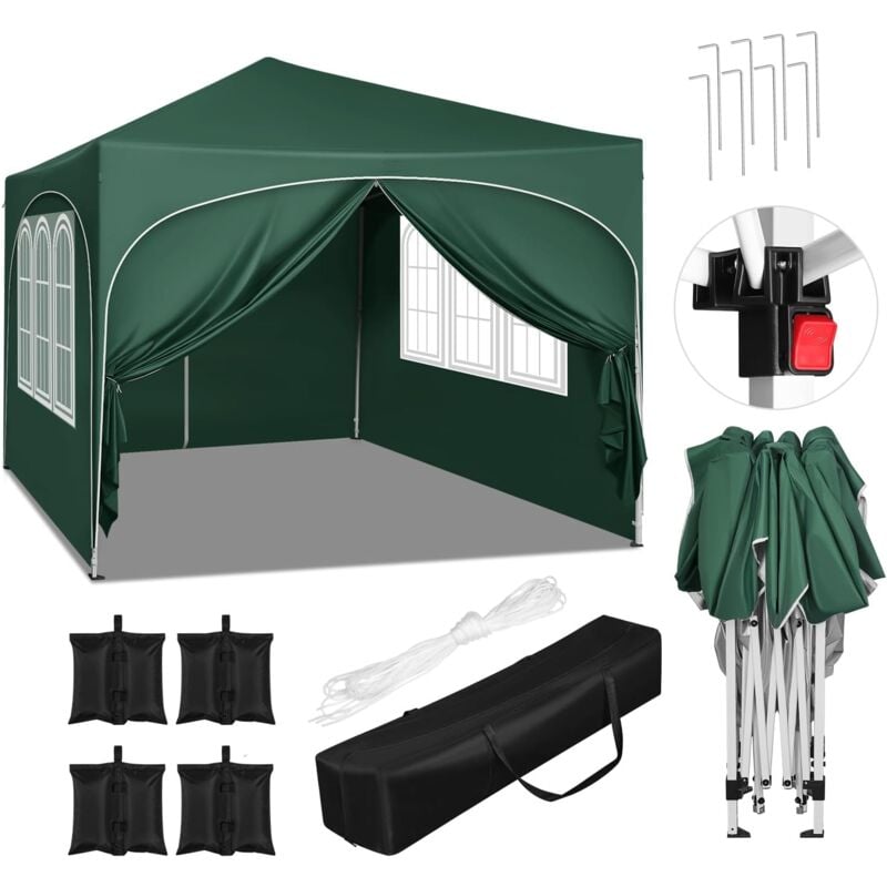 foto del prodotto woltu gazebo giardino 3x3 m impermeabile pieghevole terrazzo esterno richiudibile, verde +set di 4 sacchi di sabbia