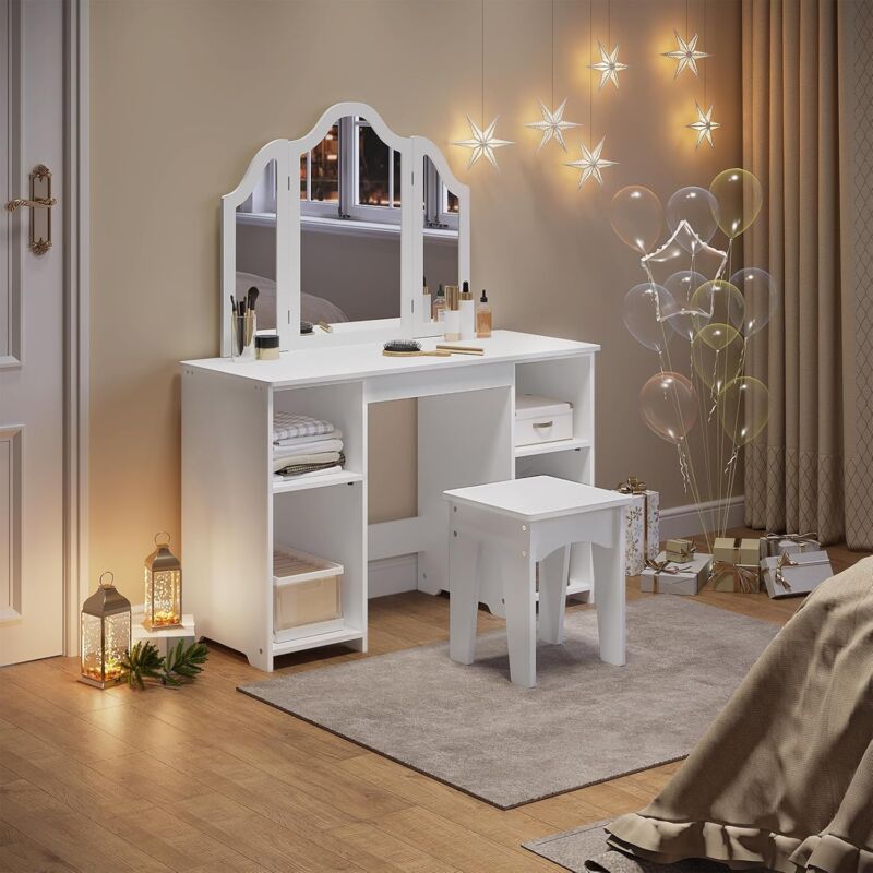 foto del prodotto woltu kids dressing table stool, vanity set con specchio e contenitore, mobili per la camera dei bambini per ragazze e ragazzi, bianco