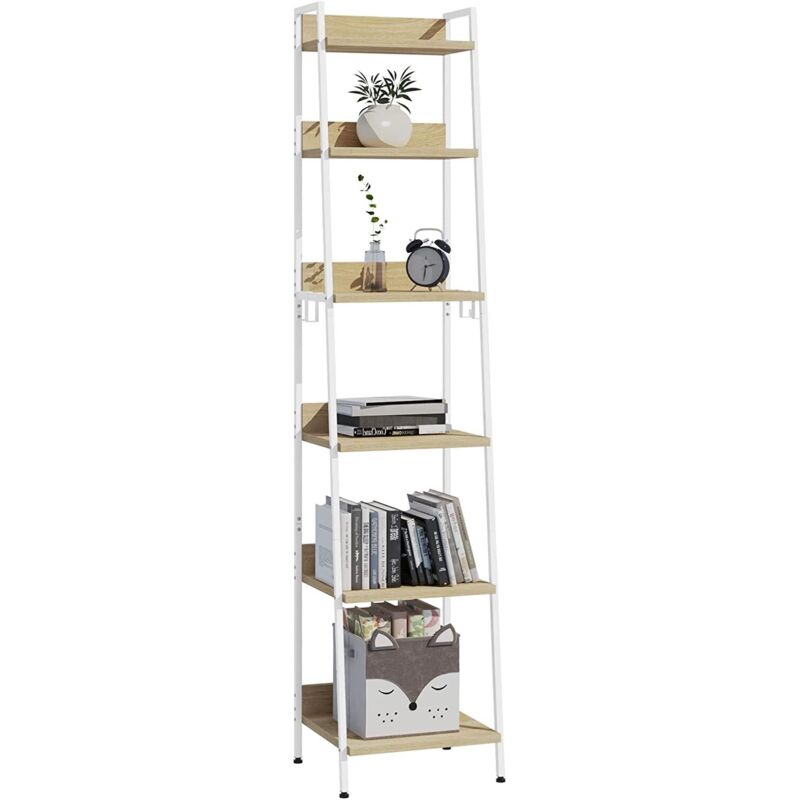 foto del prodotto woltu libreria a 6 ripiani. scaffale con 4 ganci industriale. scaffale a scala in mdf e metallo per soggiorno. cucina. studio. ufficio.bianco.