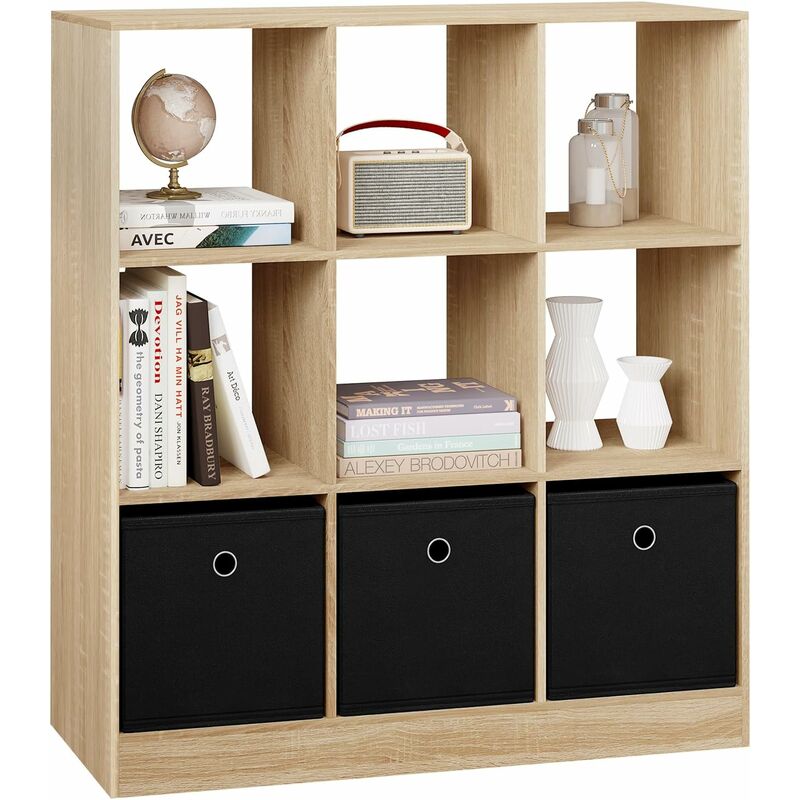 foto del prodotto woltu libreria a 9 cubi portaoggetti e 3 cassetti in tessuto non tessuto, rovere chiaro