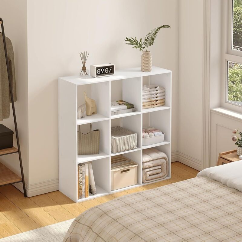 foto del prodotto woltu libreria a 9 cubi, scaffale in legno a ripiani, armadio guardaroba autoportante per ufficio e casa, di colore bianco