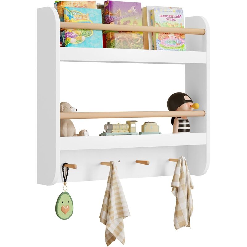 foto del prodotto woltu libreria per bambini da parete. porta libri per cameretta a 2 ripiani. scaffale per libri e giocattoli con 4 ganci. in mdf e legno massello.