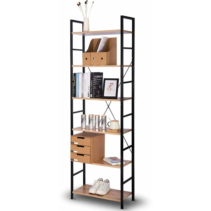 foto del prodotto woltu libreria scaffale a 6 ripiani scaffalatura fioriera porta in metallo legno legno nero