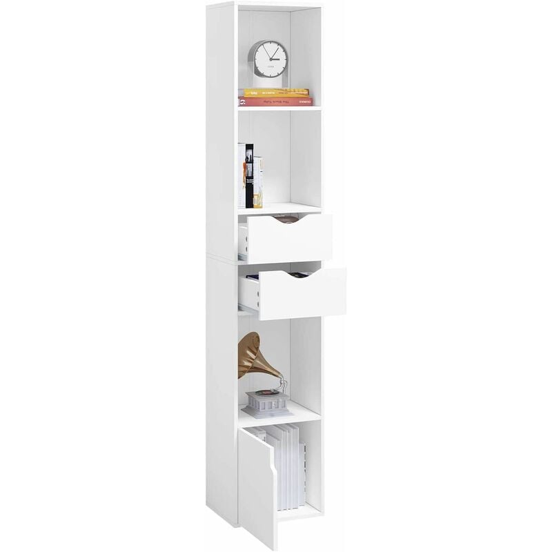 foto del prodotto woltu libreria scaffale moderna in legno. libreria verticale con 3 vani aperti. 2 cassetti e 1 armadietto. mobile portaoggetti portalibri da terra