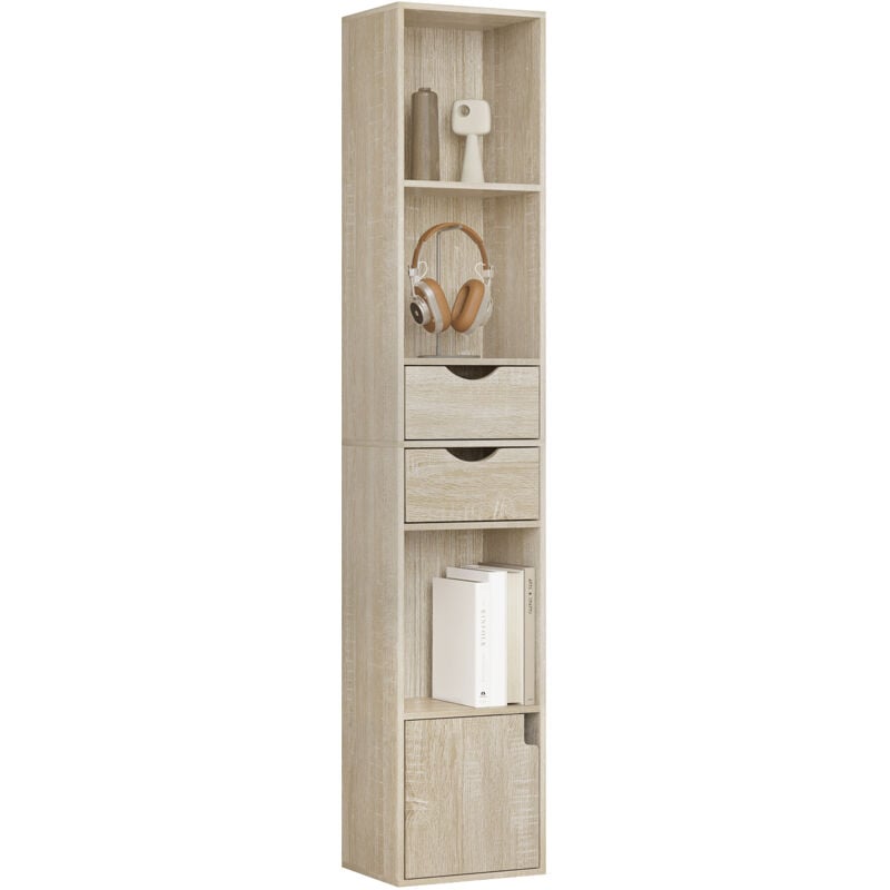foto del prodotto woltu libreria scaffale moderna in legno. libreria verticale con 3 vani aperti. 2 cassetti e 1 armadietto. mobile portaoggetti portalibri da terra