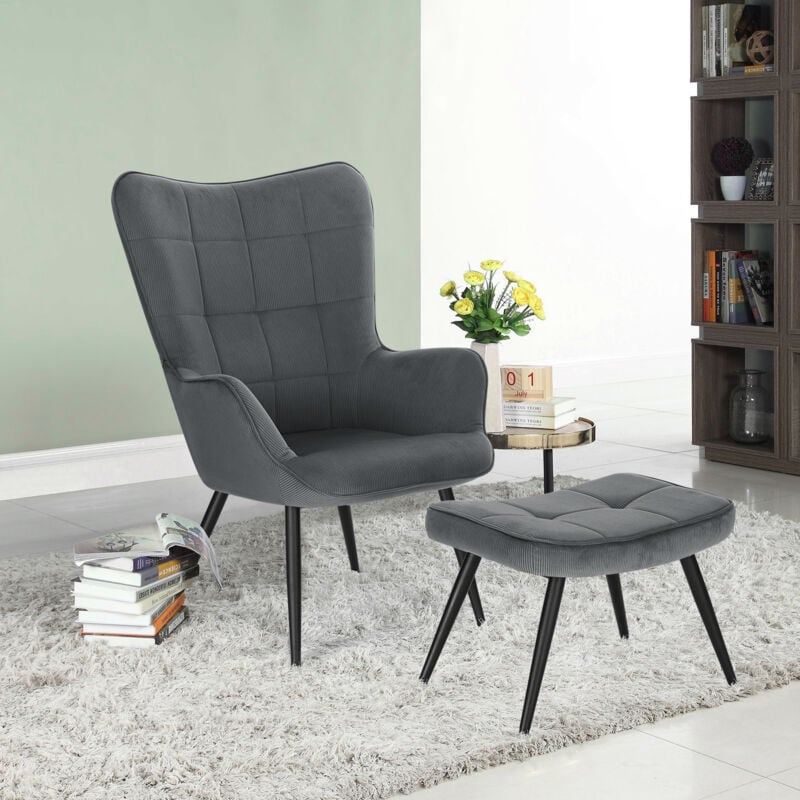 foto del prodotto woltu poltrona imbottita con pouf poggiapiedi sedia poltroncina relax in velluto grigio