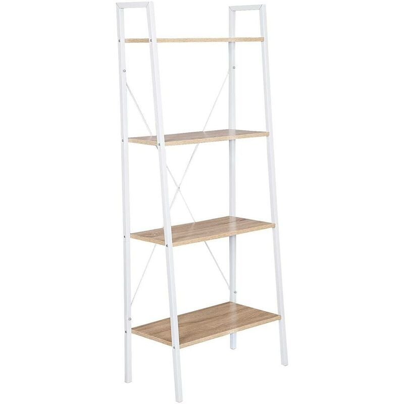 foto del prodotto woltu scaffale a scala libreria portaoggetti in legno acciaio con 4 ripiani legno bianco