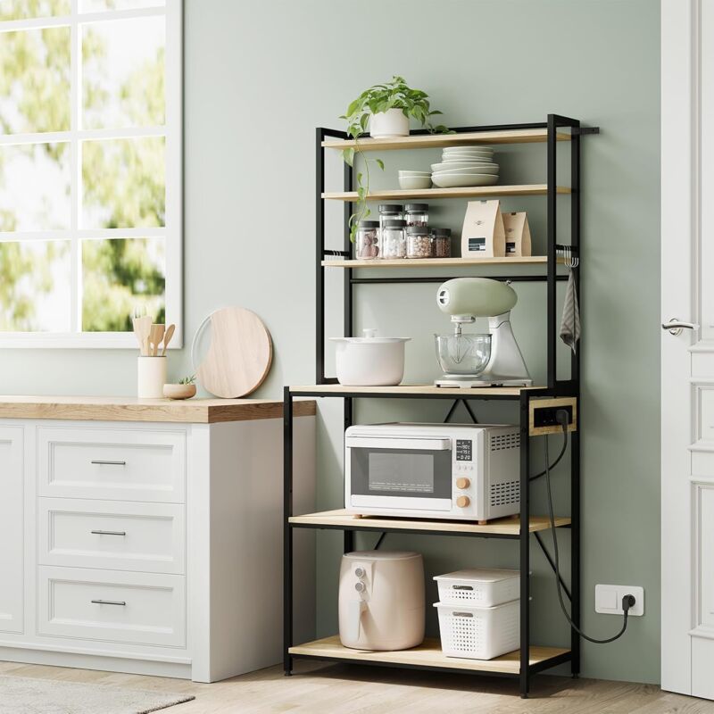 foto del prodotto woltu scaffale da cucina con prese di corrente, scaffale da panetteria, portaoggetti a 6 ripiani con 6 ganci, per microonde, 80x40x167cm, rovere