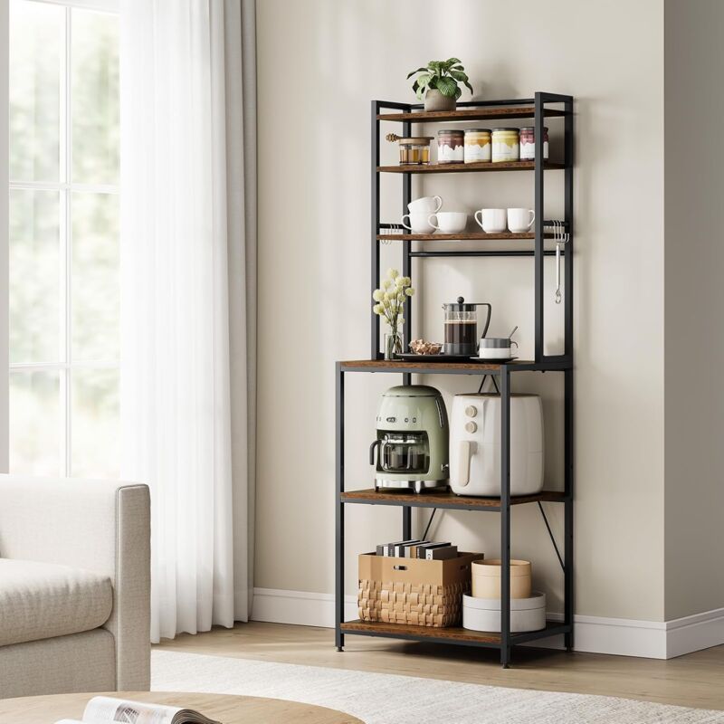 foto del prodotto woltu scaffale da cucina, scaffale da panetteria, portaoggetti a 6 ripiani con 6 ganci, per microonde, 60x40x167cm, marrone rustico nero