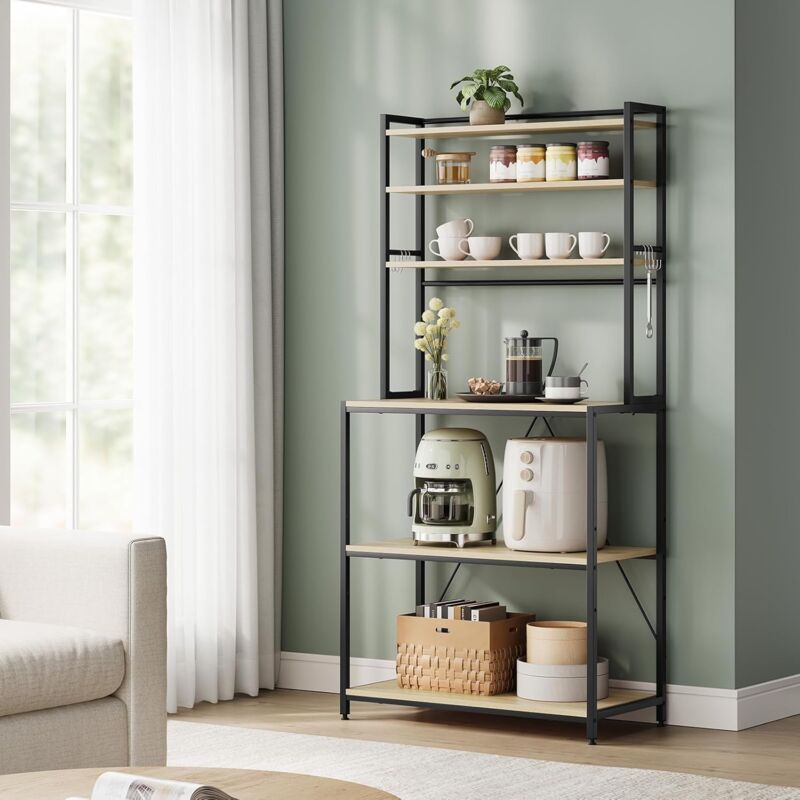 foto del prodotto woltu scaffale da cucina, scaffale da panetteria, portaoggetti a 6 ripiani con 6 ganci, per microonde, 80x40x167cm, rovere chiaro nero