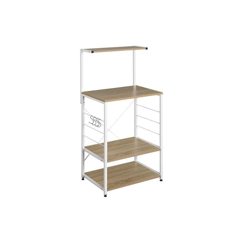 foto del prodotto woltu scaffale per cucina in acciaio legno 4 ripiani ganci carrello microonde rovere chiaro bianco