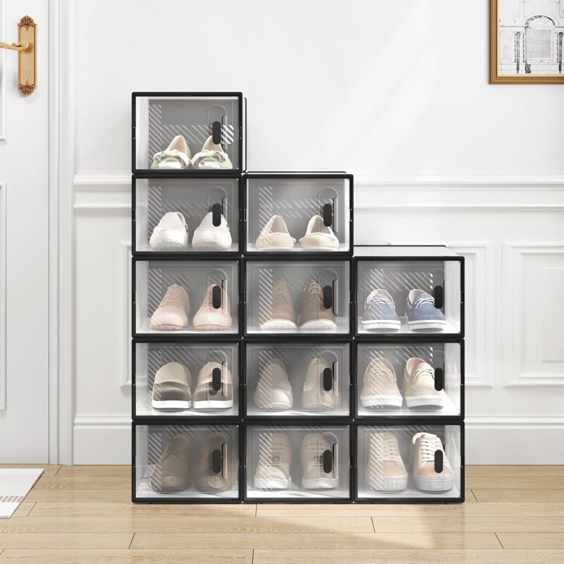 foto del prodotto woltu scatole per scarpe 12 contenitori pieghevoli e impilabili trasparente e nero