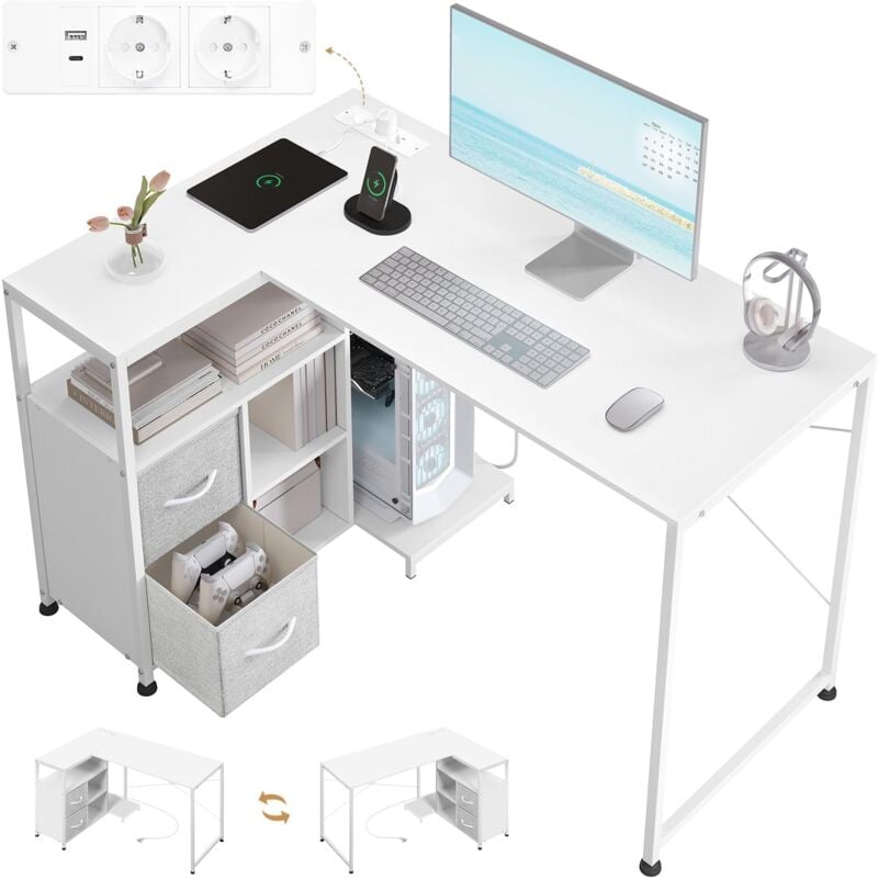 foto del prodotto woltu scrivania a l,porta pc,tavolo per computer ,con prese usb a typ c, bianco