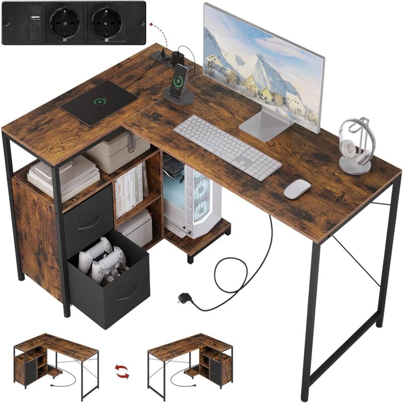 foto del prodotto woltu scrivania angolare da computer con con prese usb a typ c, marrone vintage