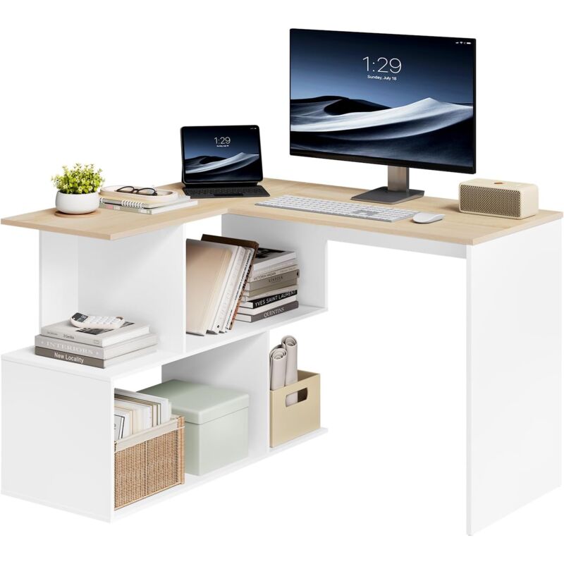 foto del prodotto woltu scrivania angolare di design industriale 120x100cm, bianco rovere chiaro