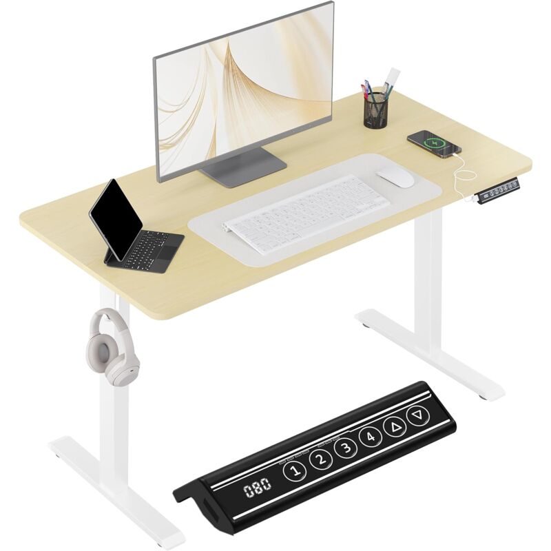 foto del prodotto woltu scrivania regolabile in altezza 72 120cm con piano 120x60cm, scrivania ergonomica, scrivania elettrico colore legno originale bianco